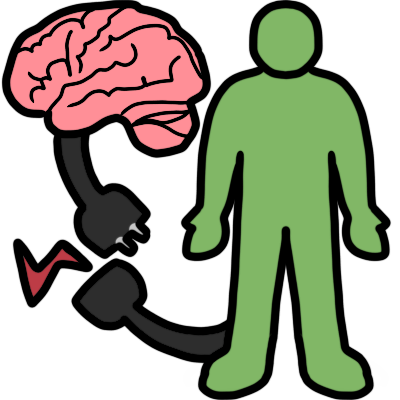 a pink brain and a light green body. both have a black cable with plug coming out of them. the plugs are disconnected, and there's a small red zigzag showing that it isn't working.
